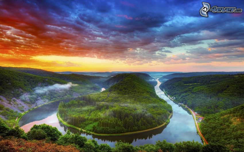 rieka, Nemecko, východ slnka, stromy, oblaky, HDR