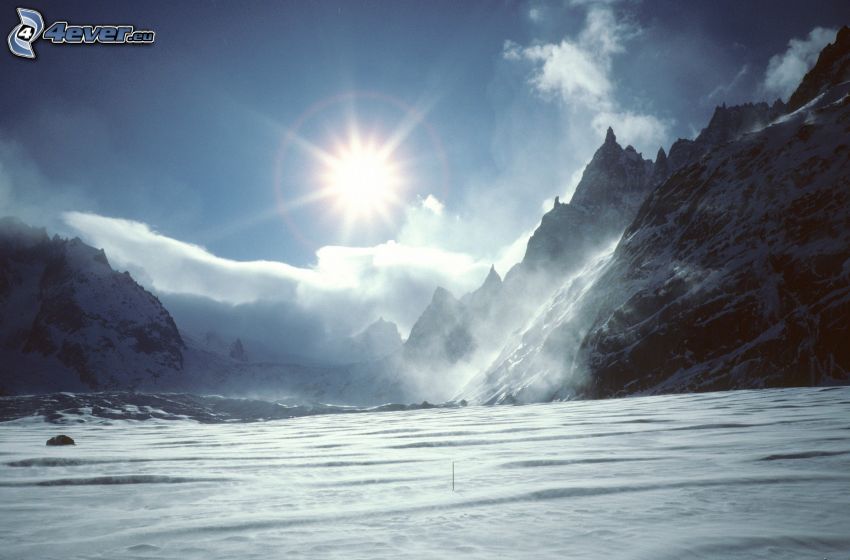 zasnežené hory, sneh, slnko