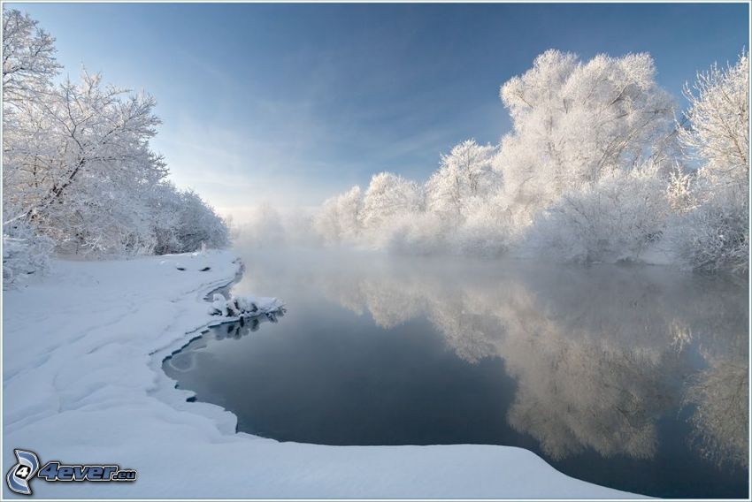 zimná rieka, zamrznuté stromy