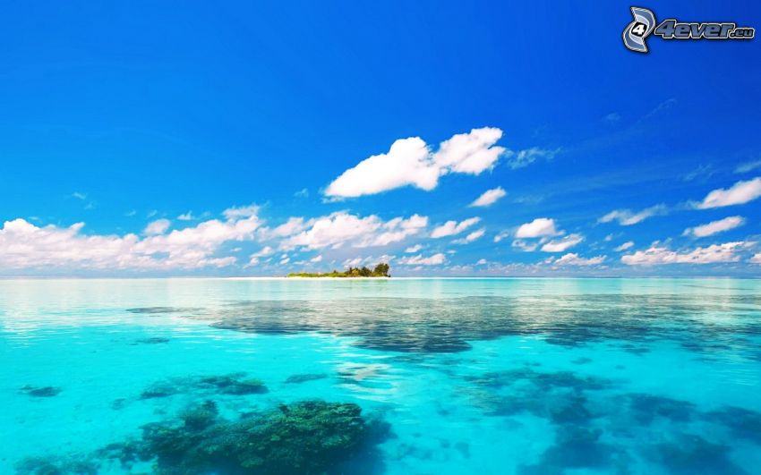 azúrové more, ostrov, oblaky, modrá obloha