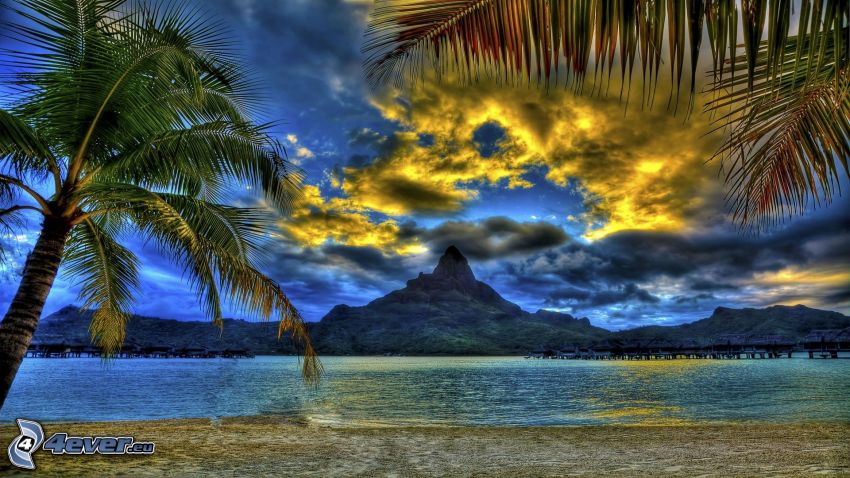 Bora Bora, palma nad morom, hora, oblaky, HDR