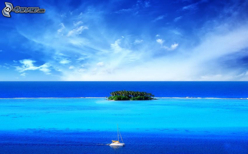 Maldivy, ostrovček, loďka na mori, modrá voda
