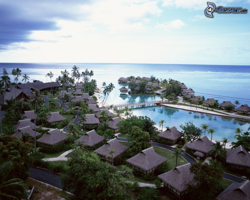 prímorské dovolenkové chatky, Tahiti, pláž, more, palmy