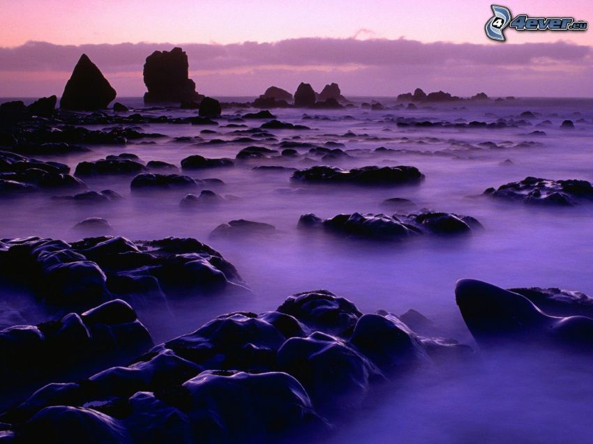 skaly v mori, fialový západ slnka