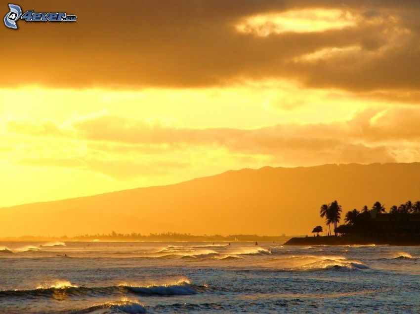 vlny na pobreží, more, pláž pri západe slnka, oranžová obloha