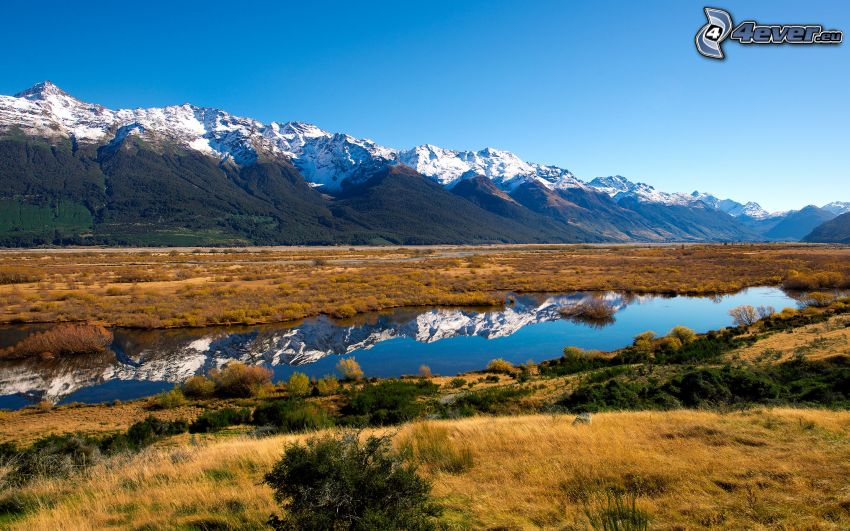 Nový Zéland, jazierko, zasnežené hory, žltá tráva