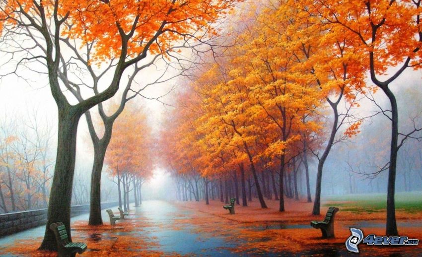 park, jesenné stromy, chodník, lavičky