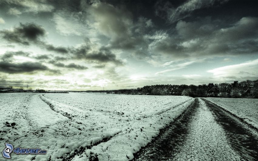 poľná cesta, sneh, oblaky