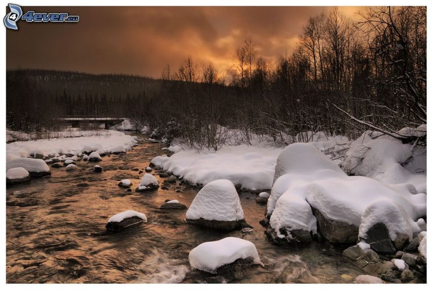 potok, zasnežená krajina, les po západe slnka