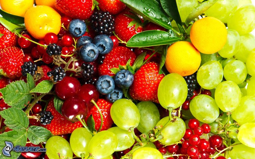 ovocie, hrozno, čerešne, jahody, čučoriedky, ríbezle