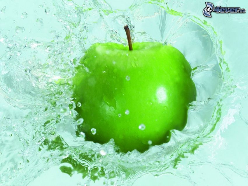 zelené jabĺčko, voda, šplech