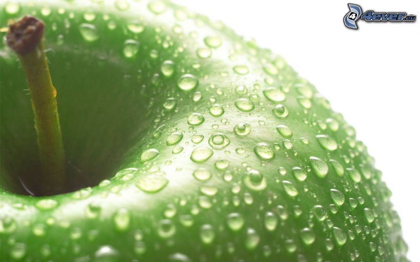 zelené jablko, kvapky vody