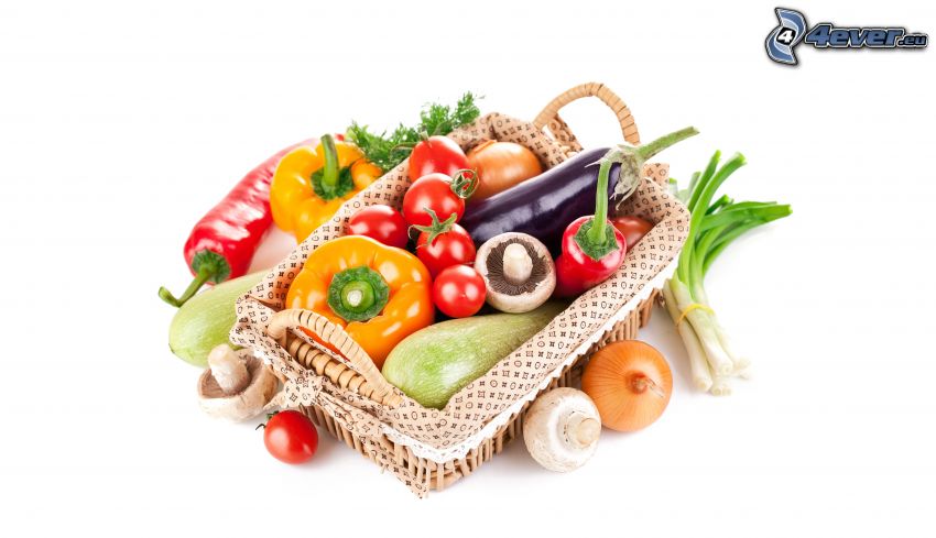 zelenina, paprika, košík, šampiňóny, paradajky, cibuľky, baklažán