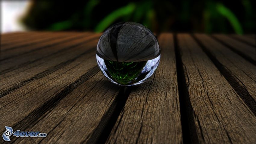 sklenená guľa, drevo