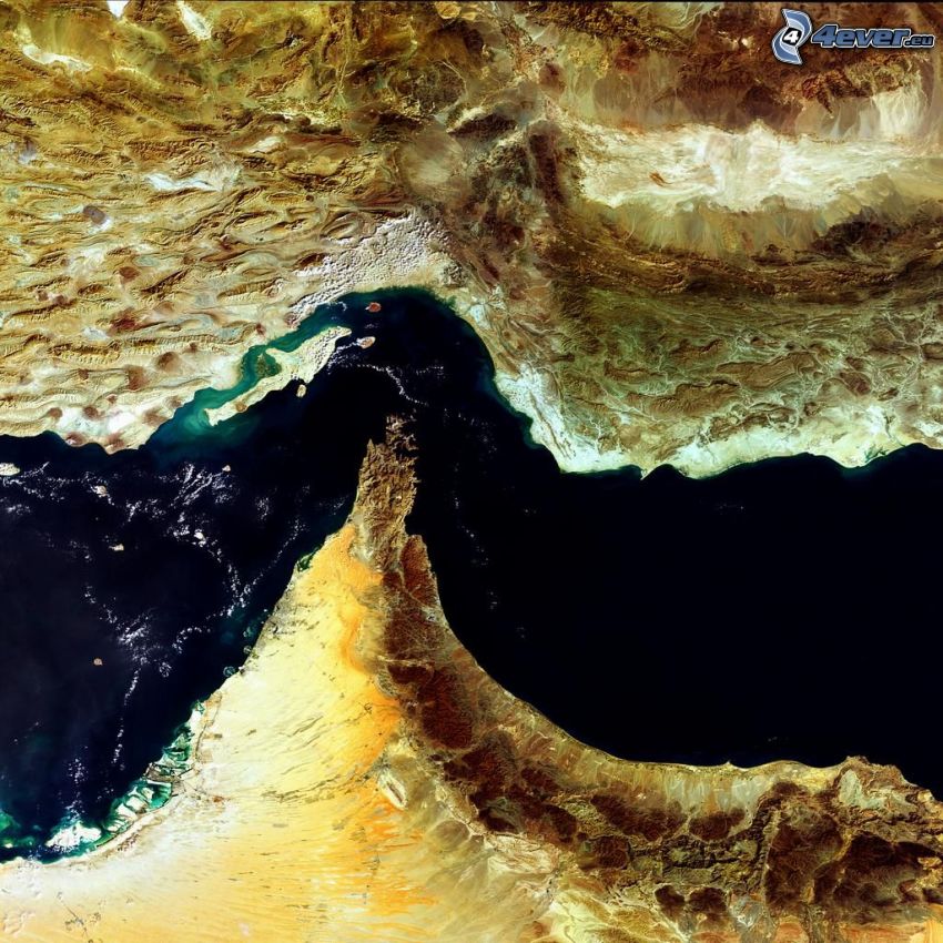 Hormuzský prieliv, Perzský záliv, satelitný záber, more, Irán, Spojené arabské emiráty, Dubaj