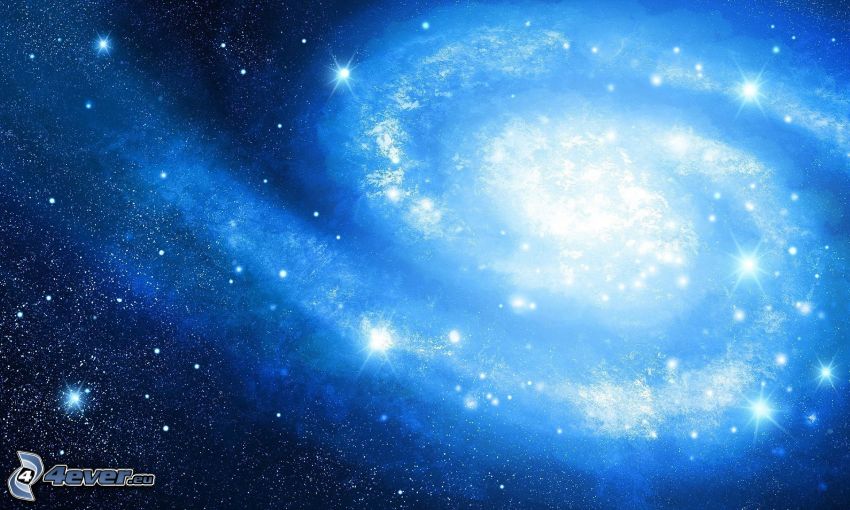 špirálová galaxia, hviezdy, modré pozadie