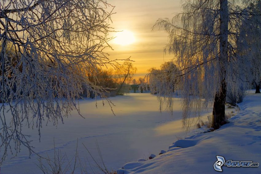 zamrznutá rieka pri západe slnka, zasnežené stromy