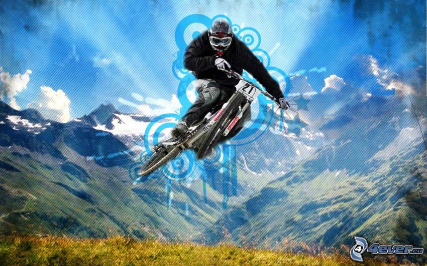 extrémny biker, skok na bicykli, hory