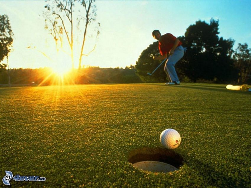 golf, golfista, západ slnka