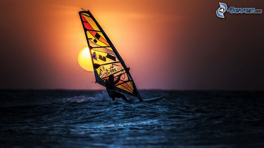 windsurfing, západ slnka nad morom
