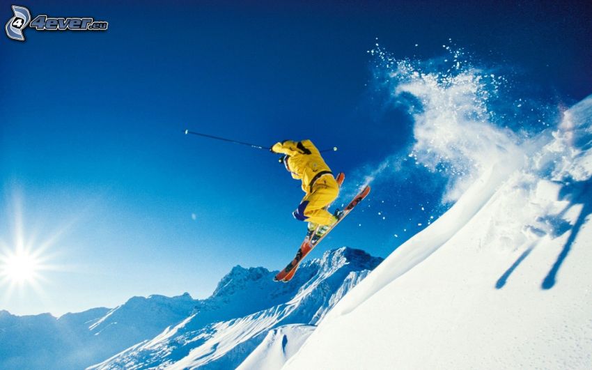 extrémne lyžovanie, skok na lyžiach, sneh, slnko