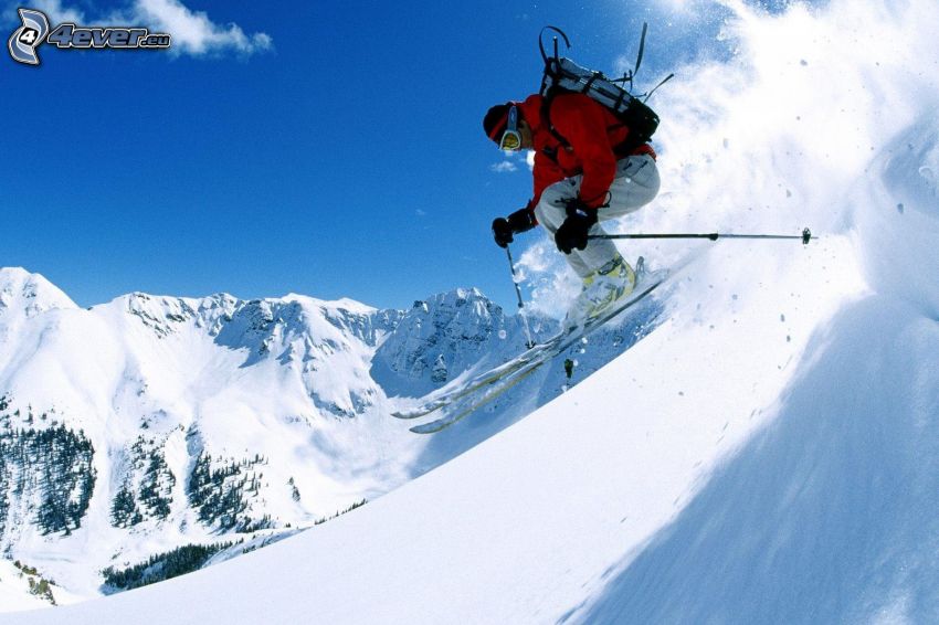 extrémne lyžovanie, skok na lyžiach, sneh, zasnežené kopce