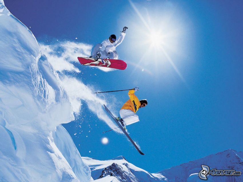 extrémne snowboardovanie, extrémne lyžovanie, skok na lyžiach, sneh, slnko