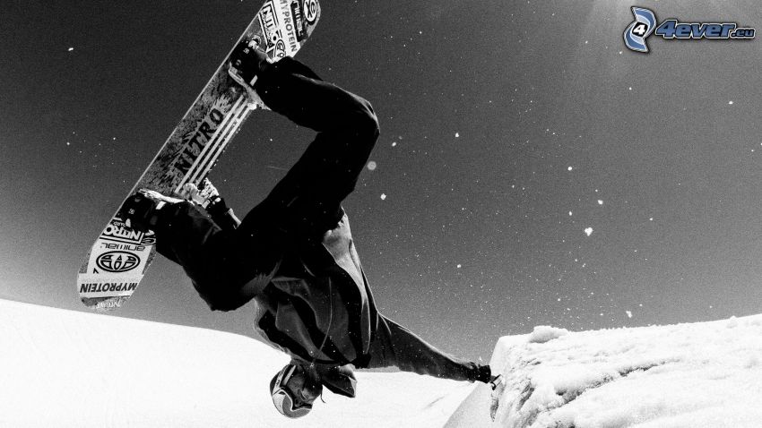 snowboard, skok, čiernobiela fotka