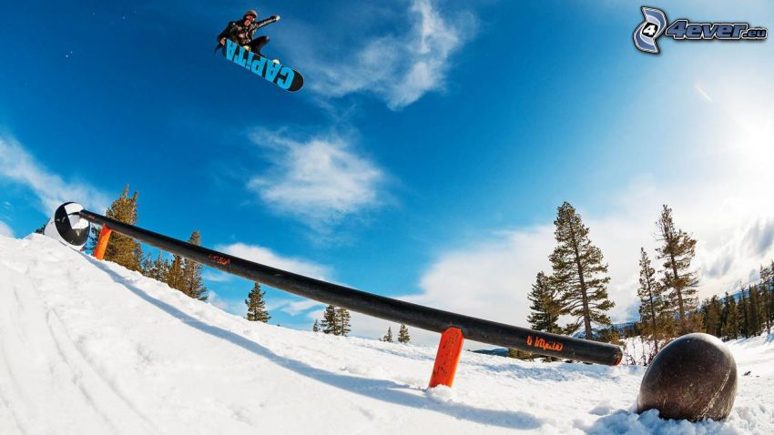 snowboarding, skok, zábradlie