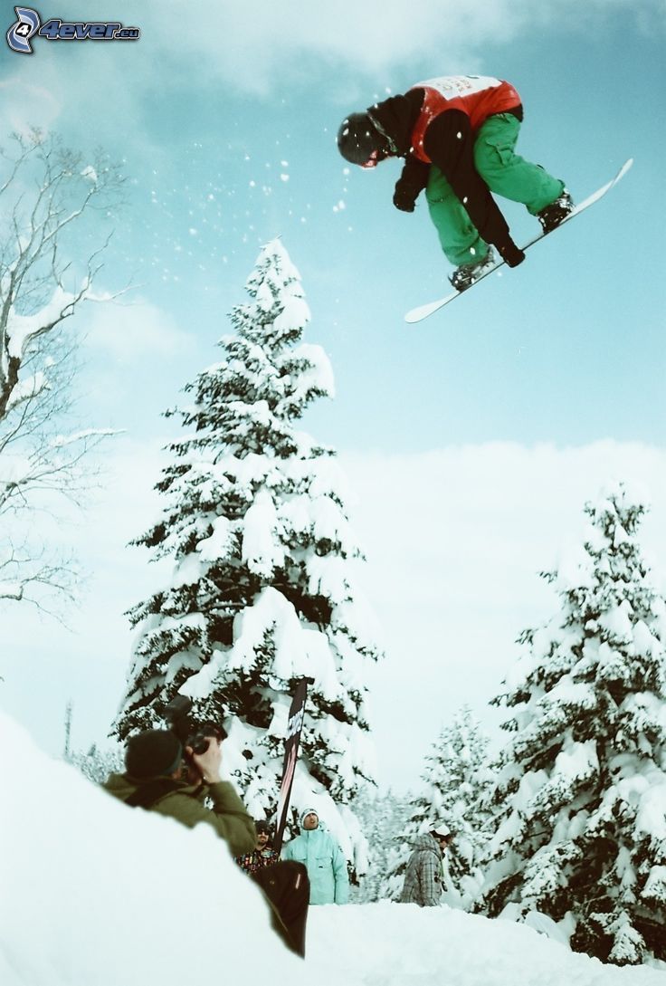 snowboarding, skok, zasnežené stromy, fotograf