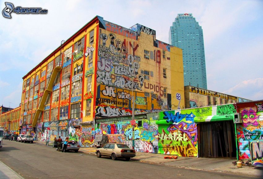 budova, graffiti, mrakodrap
