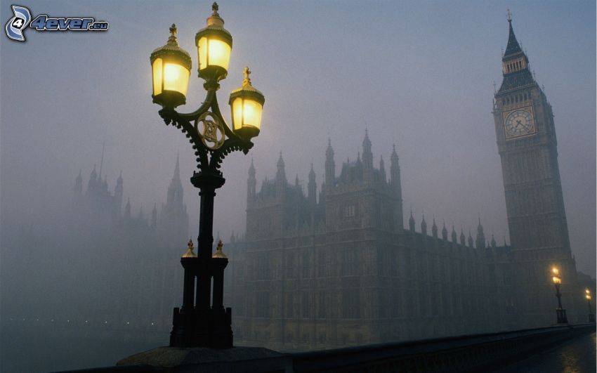 Big Ben, Londýn, Anglicko, lampa, hmla