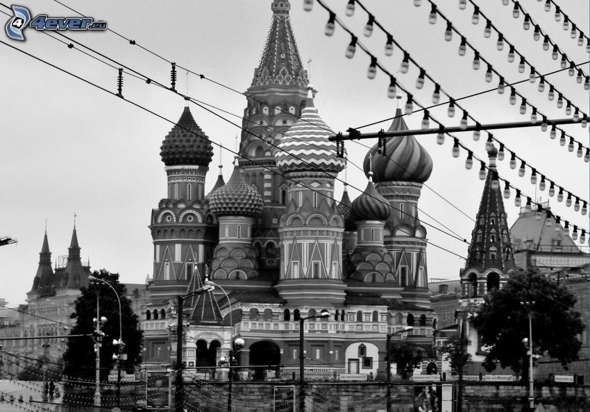Chrám Vasiľa Blaženého, Moskva, Rusko, čiernobiele
