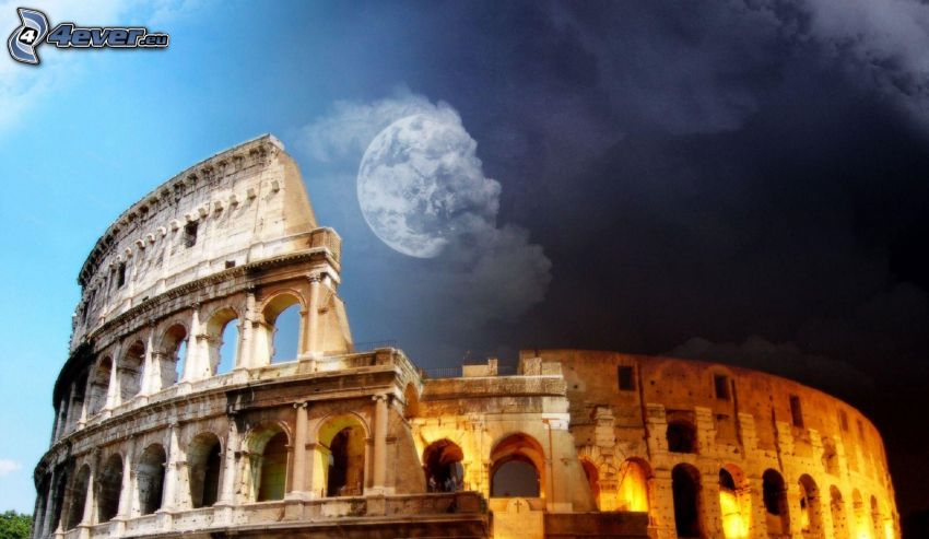Koloseum, deň a noc, Rím, Taliansko, mesiac, mraky