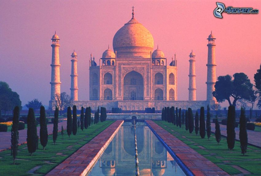 Tádž Mahal, voda, stromy, fialová obloha