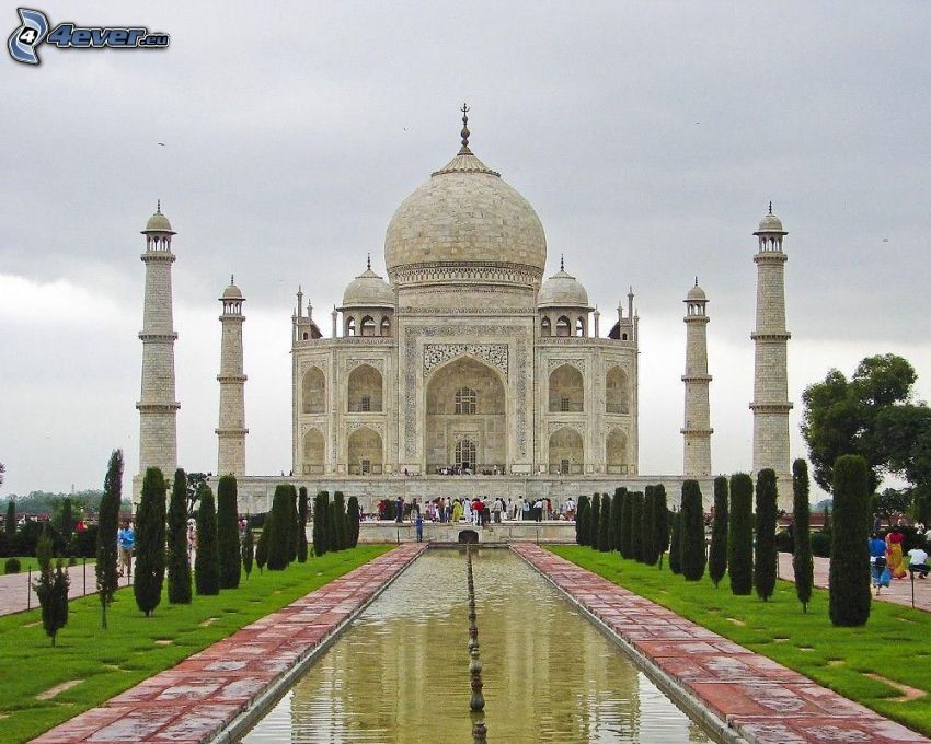 Tádž Mahal, voda, stromy, park