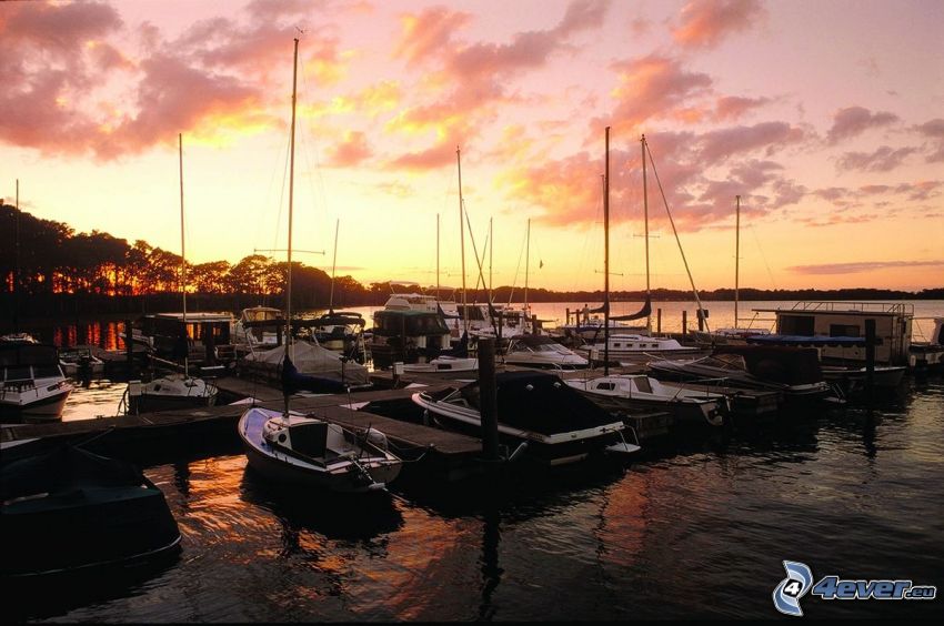 Marina Del Rey, prístav, lode, oranžová obloha, po západe slnka, Kalifornia