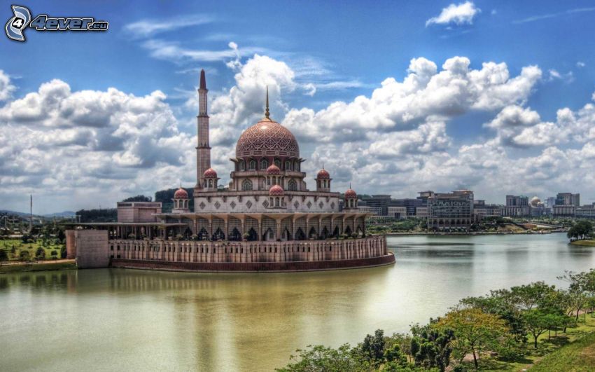 mešita, Kuala Lumpur, Malajzia, rieka, oblaky, HDR