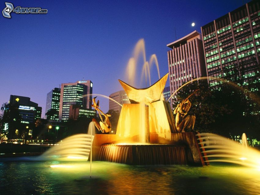 Adelaide, fontána, nočné mesto