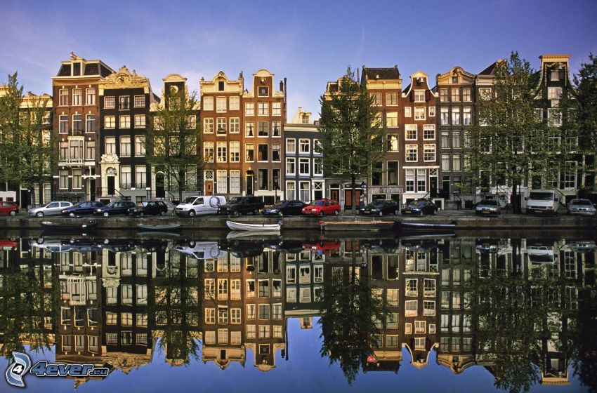 Amsterdam, kanál, domy, odraz