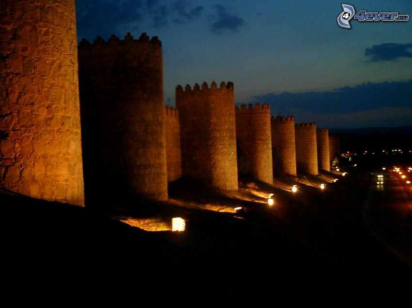 Ávila, Španielsko, noc, hradby