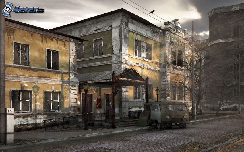 Černobyľ, stará budova, cesta