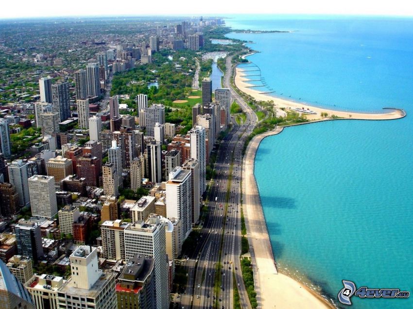 Chicago, jazero Michigan, mrakodrapy, pobrežie