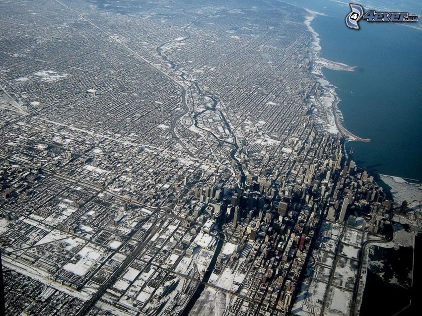 Chicago, letecký pohľad, jazero Michigan