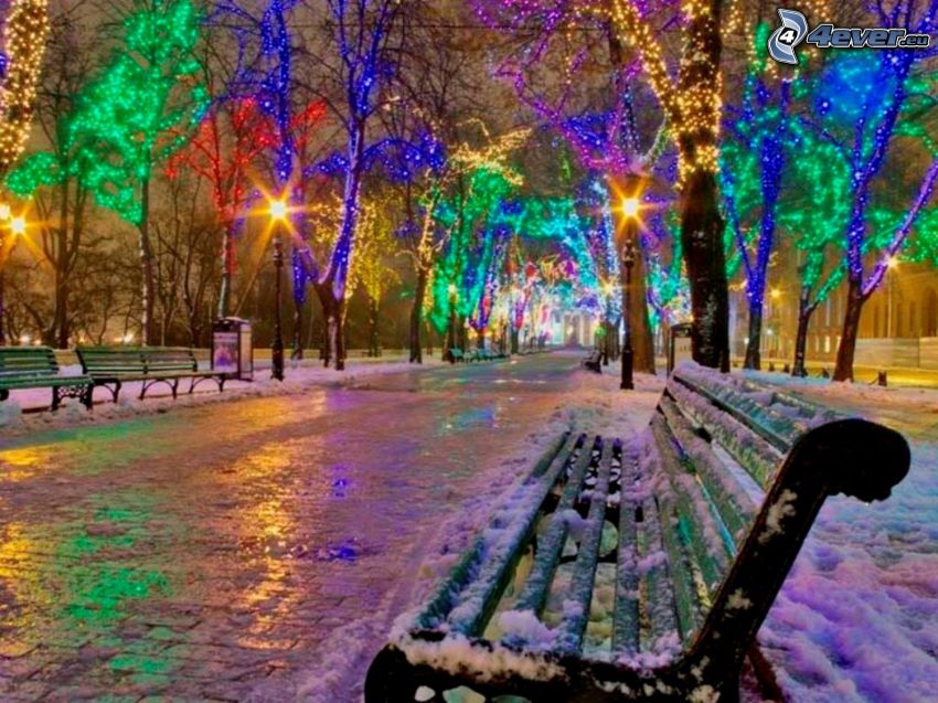 farebné osvetlenie, zasnežená lavička, zima, sneh