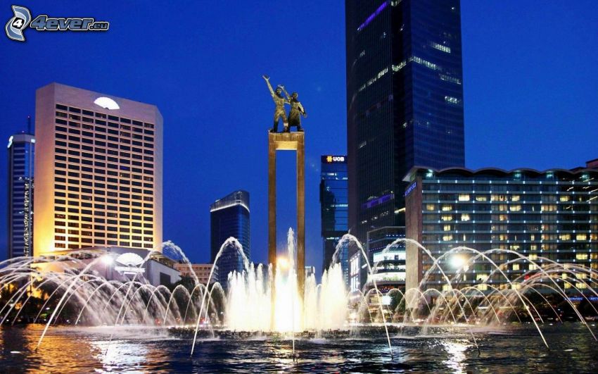 fontána, Jakarta, večerné mesto