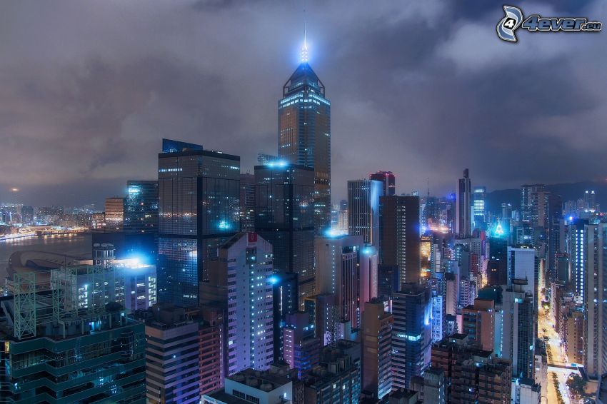 Hong Kong, mrakodrapy, nočné mesto