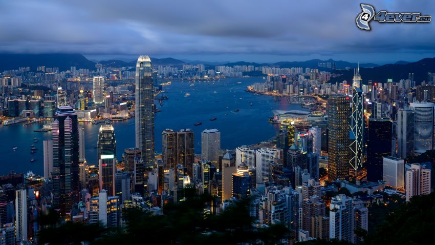 Hong Kong, nočné mesto, výhľad na mesto