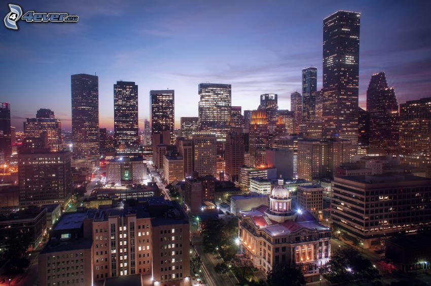 Houston, nočné mesto, mrakodrapy