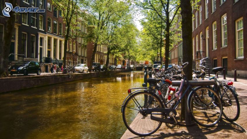 kanál, bicykle, Amsterdam